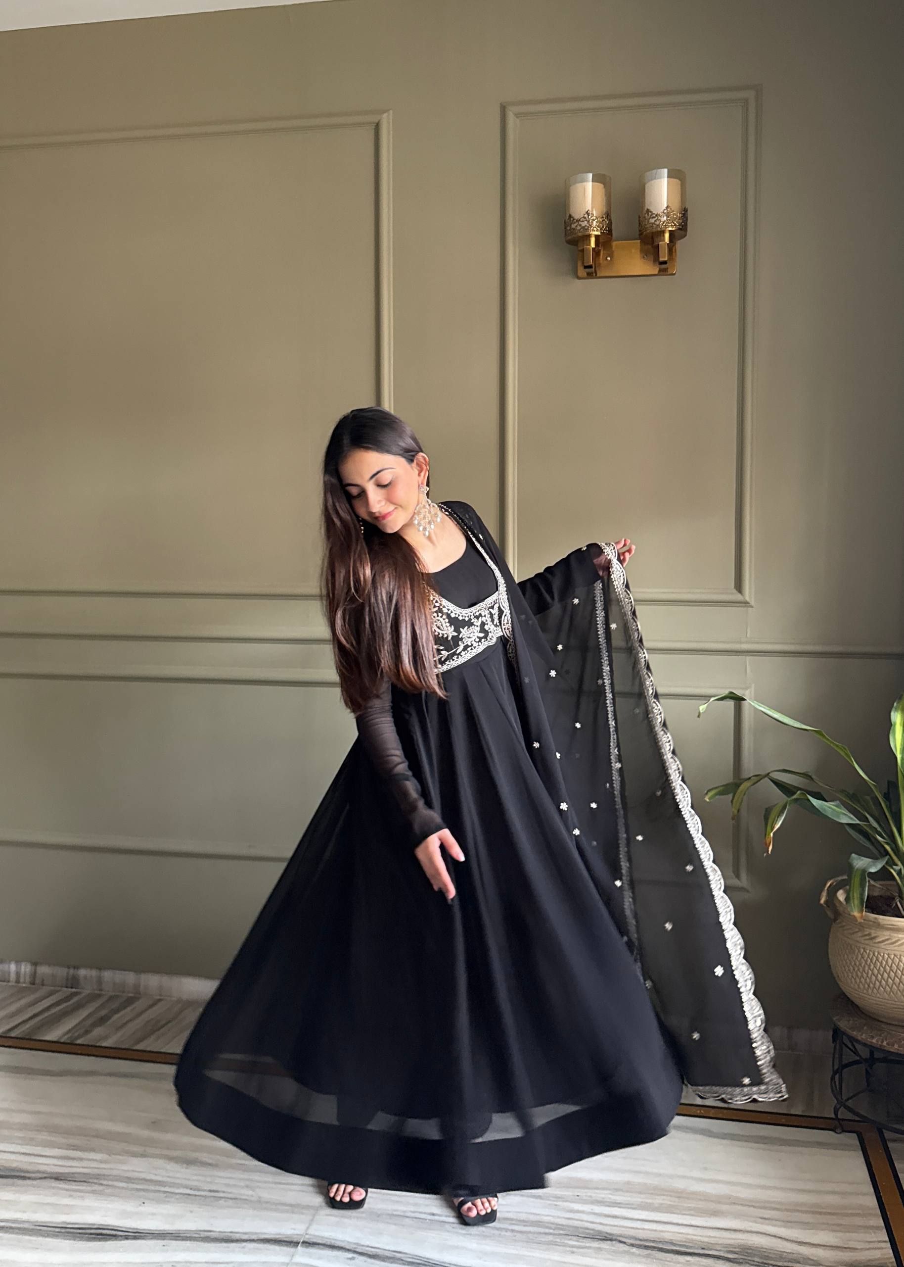 Elegant Black Embroidered Anarkali Suit Set for Women with Designer Dupatta.