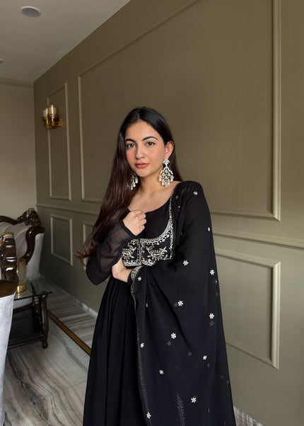 Elegant Black Embroidered Anarkali Suit Set for Women with Designer Dupatta.