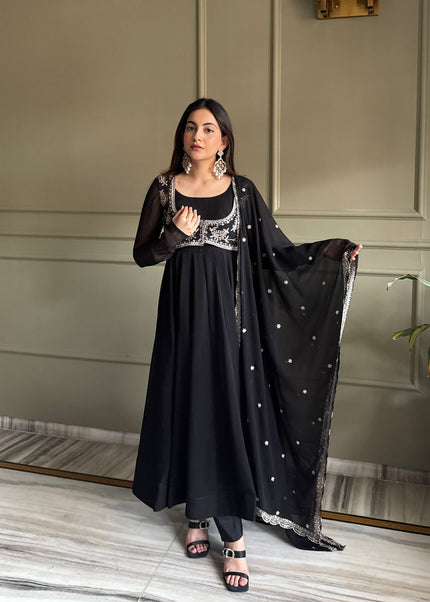 Elegant Black Embroidered Anarkali Suit Set for Women with Designer Dupatta.