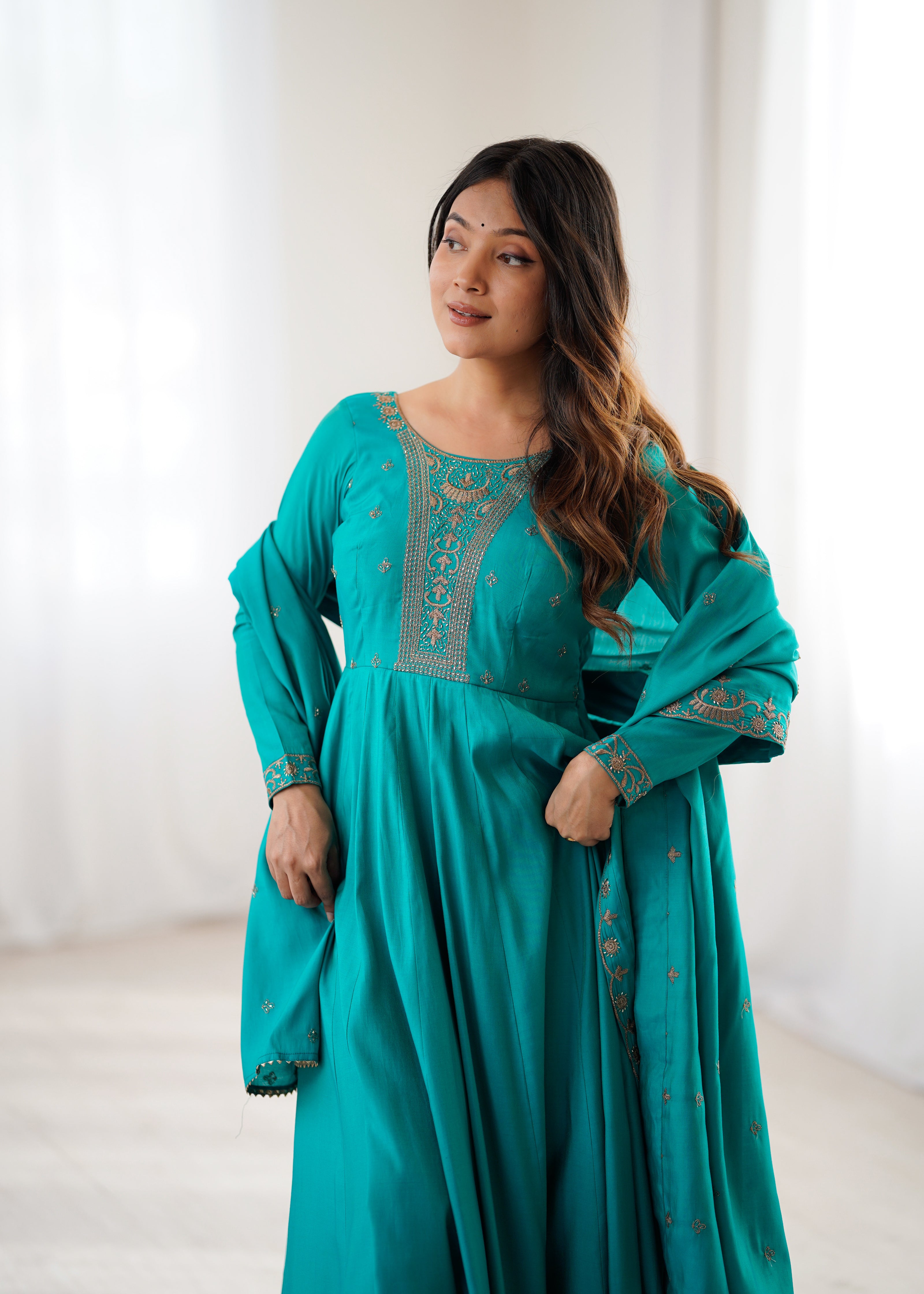 Teal Blue Embroidered Anarkali Kurta Set with Elegant Dupatta for Women.