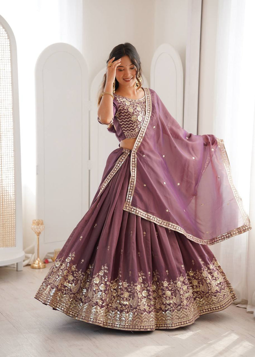 Designer Mauve Embroidered Lehenga Choli with Elegant Dupatta for Women.