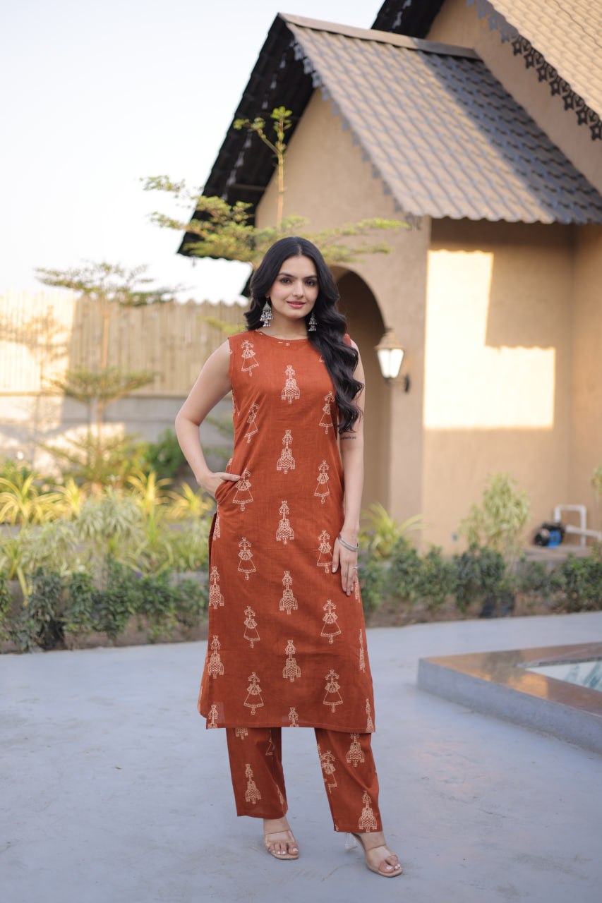 Sleeveless Printed Kurta Pant Set.