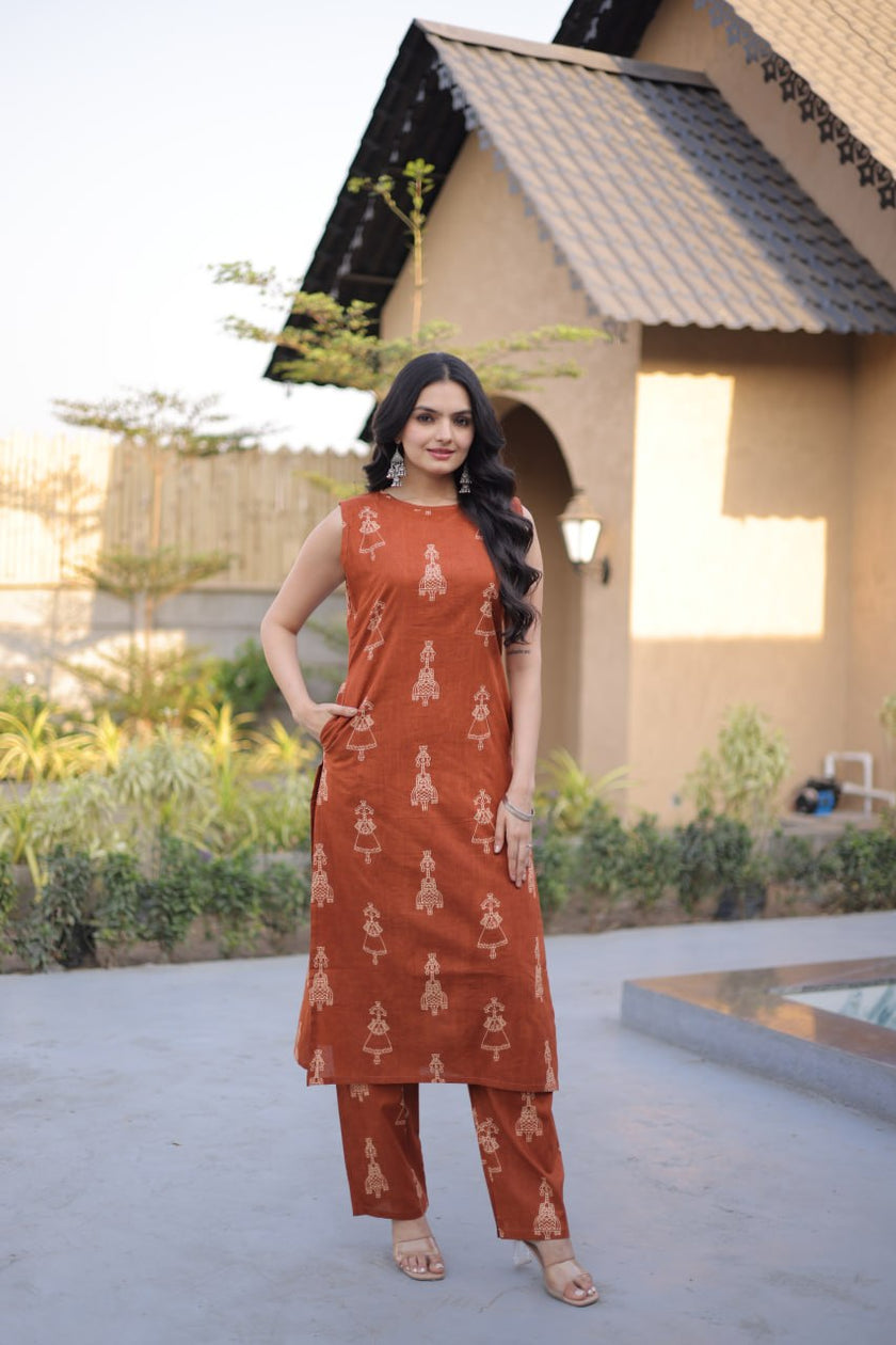 Sleeveless Printed Kurta Pant Set.