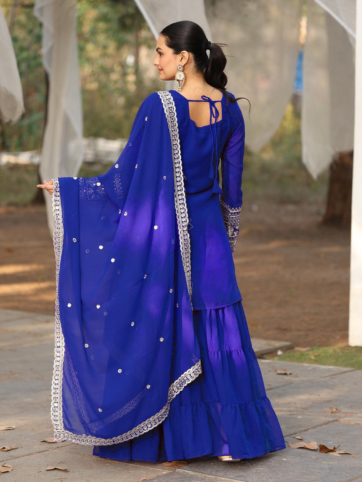 Royal Blue Embroidered Sharara Suit Set with Dupatta.