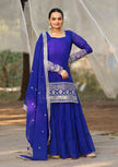Royal Blue Embroidered Sharara Suit Set with Dupatta.