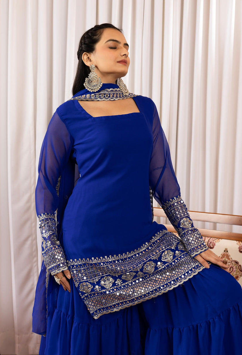 Royal Blue Embroidered Sharara Suit Set with Dupatta.