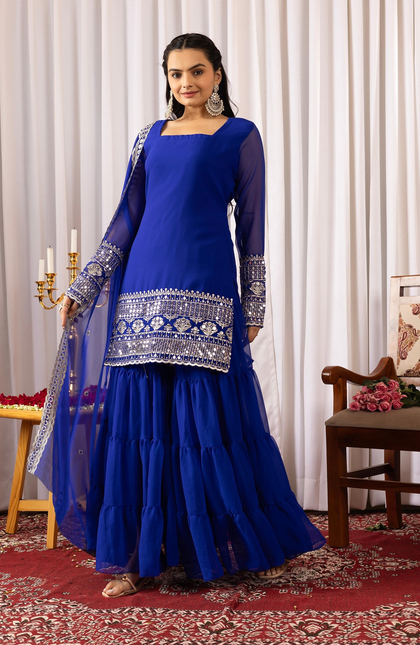 Royal Blue Embroidered Sharara Suit Set with Dupatta.