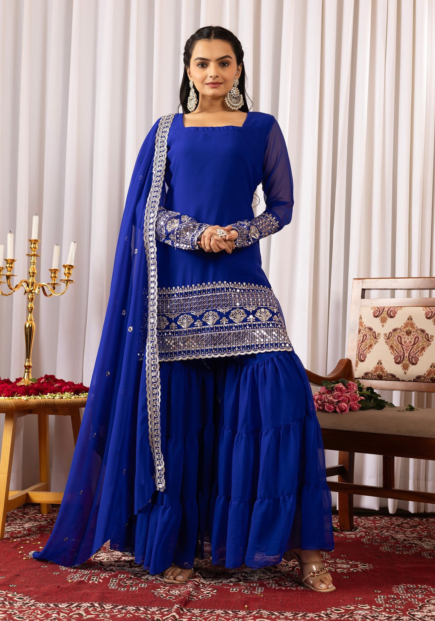 Royal Blue Embroidered Sharara Suit Set with Dupatta.