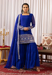 Royal Blue Embroidered Sharara Suit Set with Dupatta.