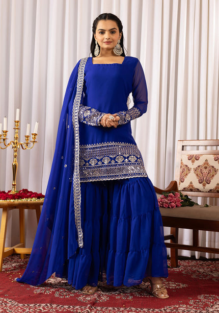 Royal Blue Embroidered Sharara Suit Set with Dupatta.