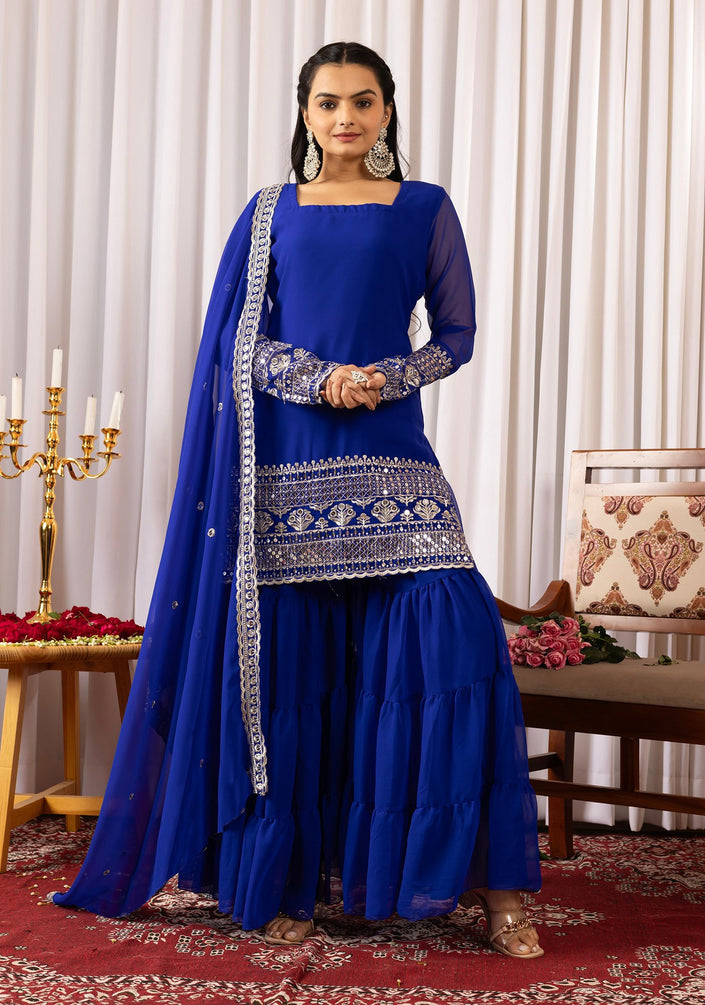 Royal Blue Embroidered Sharara Suit Set with Dupatta.