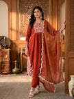 Elegant Rust Embroidered Straight Kurta Pant Dupatta Set.
