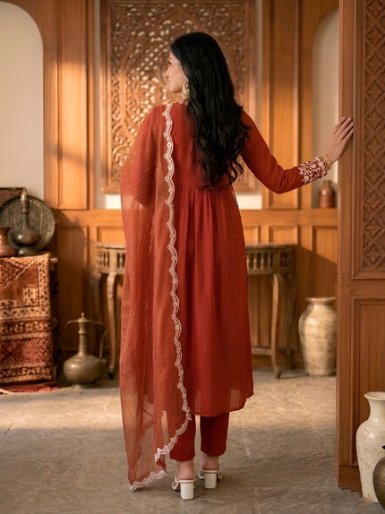 Elegant Rust Embroidered Straight Kurta Pant Dupatta Set.
