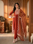 Elegant Rust Embroidered Straight Kurta Pant Dupatta Set.