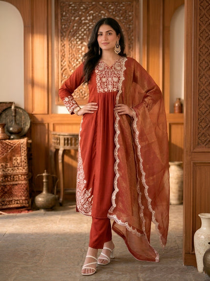 Elegant Rust Embroidered Straight Kurta Pant Dupatta Set.