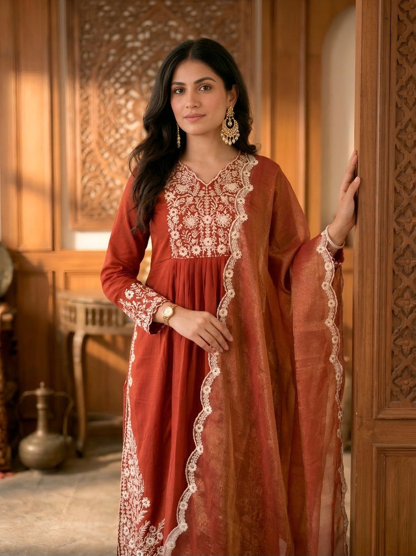 Elegant Rust Embroidered Straight Kurta Pant Dupatta Set.