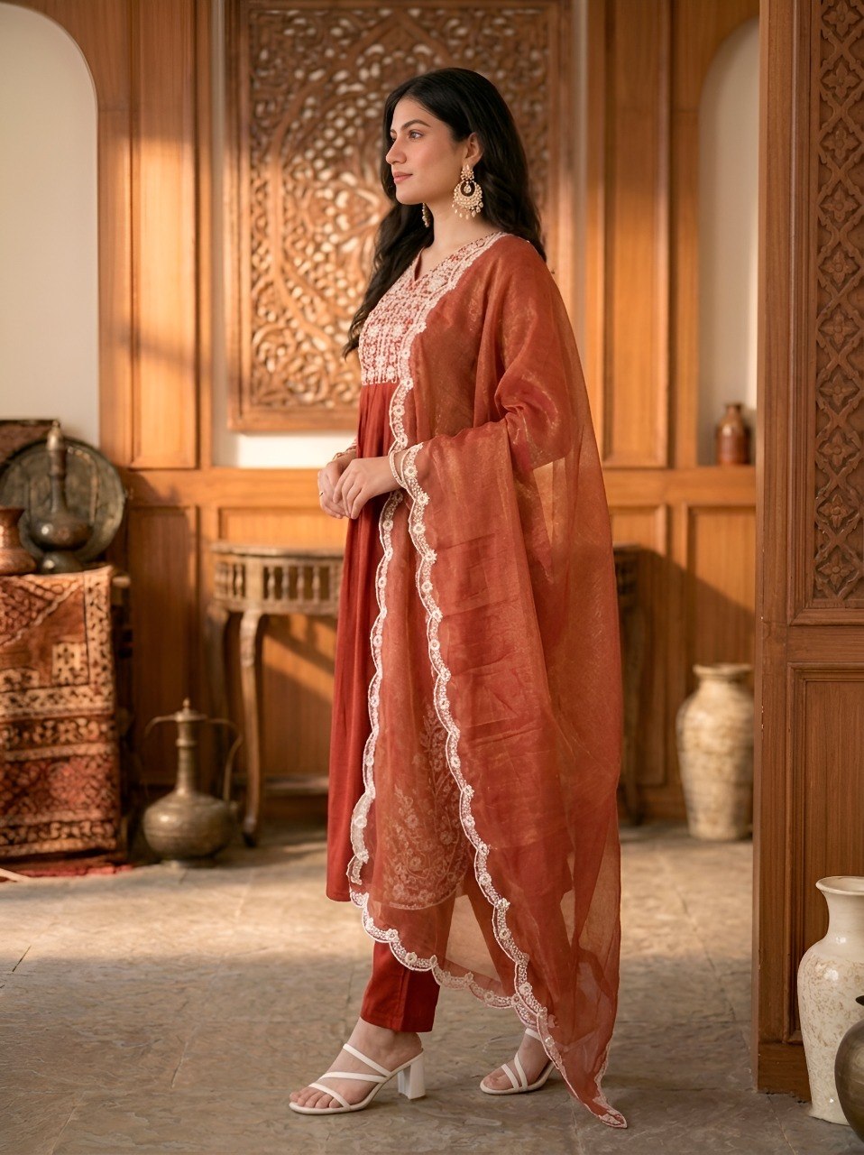 Elegant Rust Embroidered Straight Kurta Pant Dupatta Set.