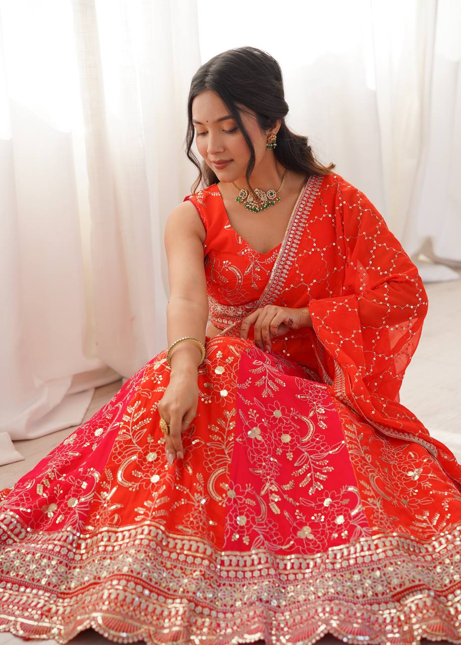 Designer Orange Embroidered Lehenga Choli with Elegant Dupatta for Women.