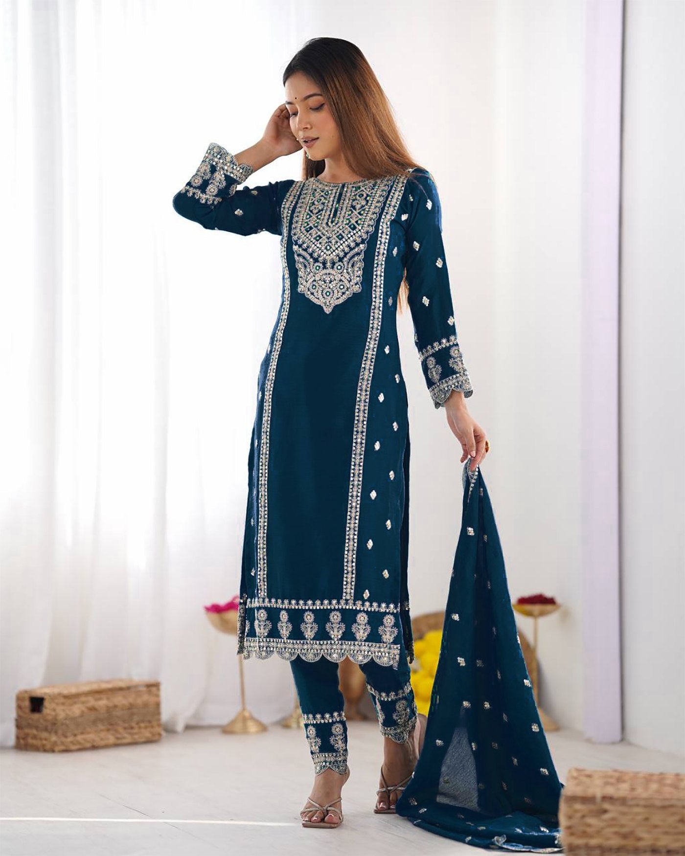 Luxury Embroidery Work Navy Blue Kurta Set Collection.