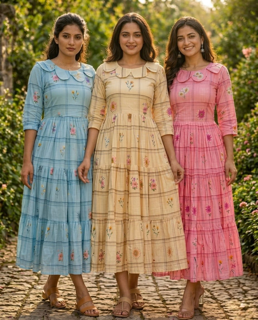 Pastel Floral Checked Maxi Dress.