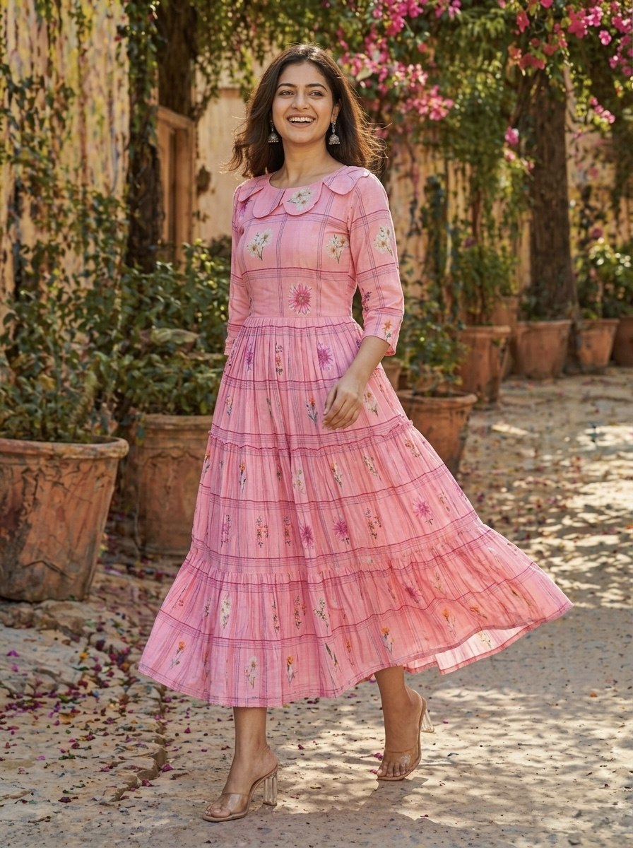Pastel Floral Checked Maxi Dress.