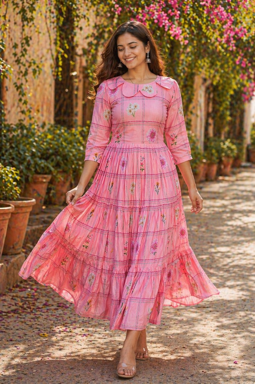 Pastel Floral Checked Maxi Dress.