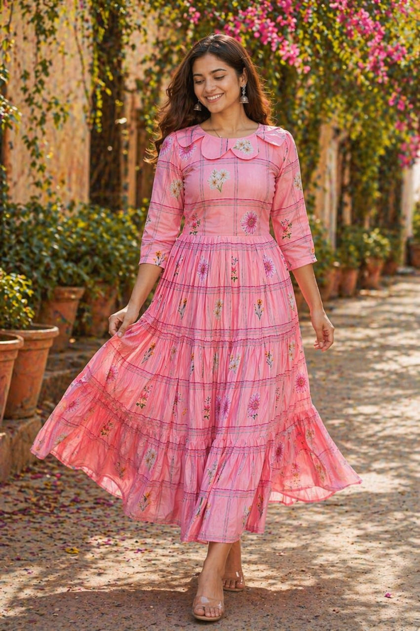 Pastel Floral Checked Maxi Dress.
