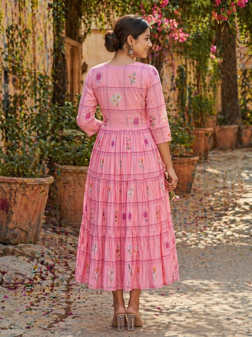 Pastel Floral Checked Maxi Dress.
