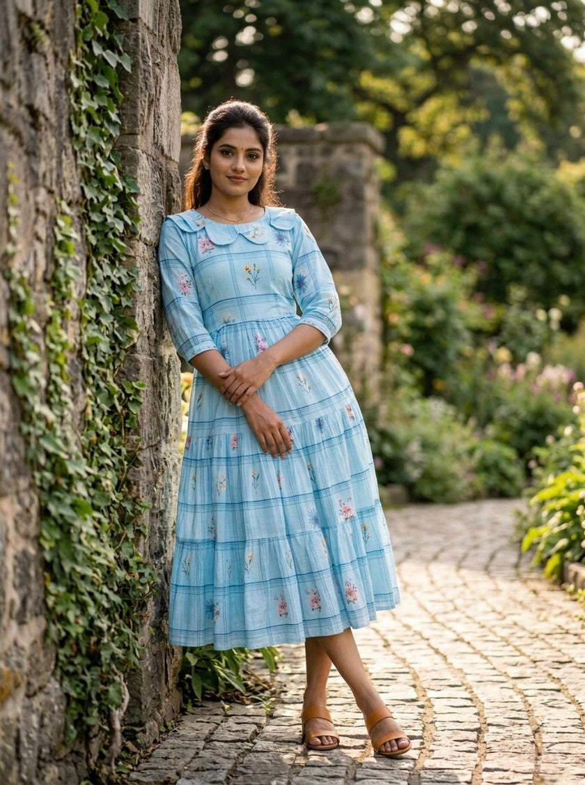Pastel Floral Checked Maxi Dress.