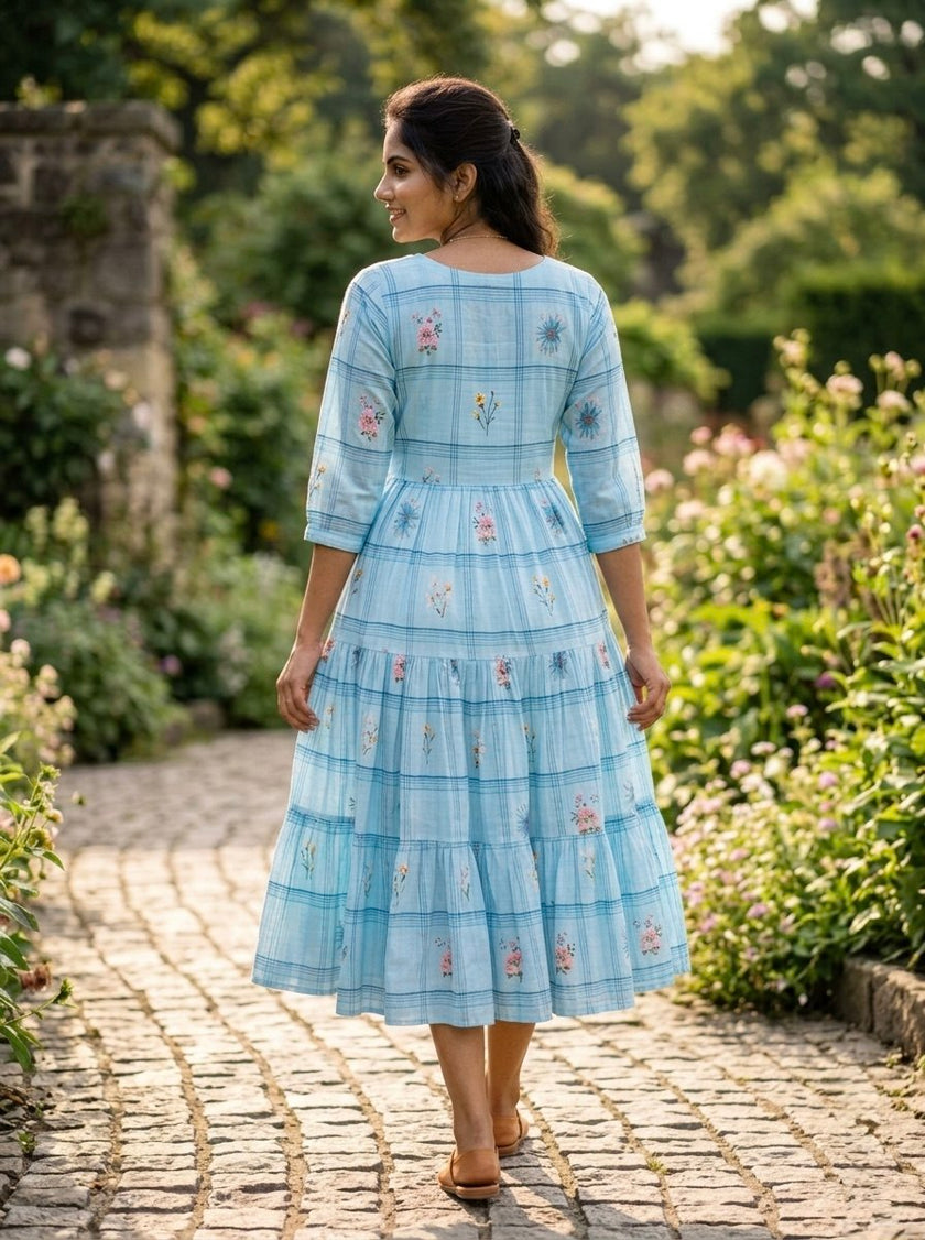 Pastel Floral Checked Maxi Dress.