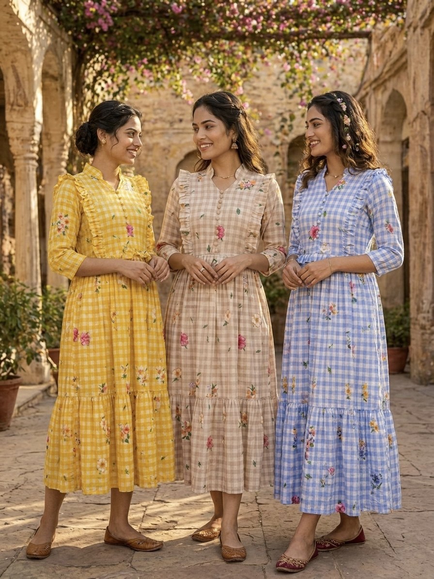 Elegant Floral Checked Midi Dress.