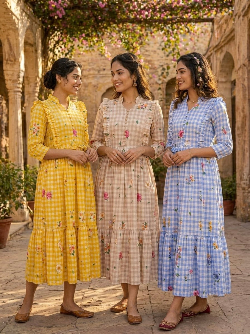 Elegant Floral Checked Midi Dress.