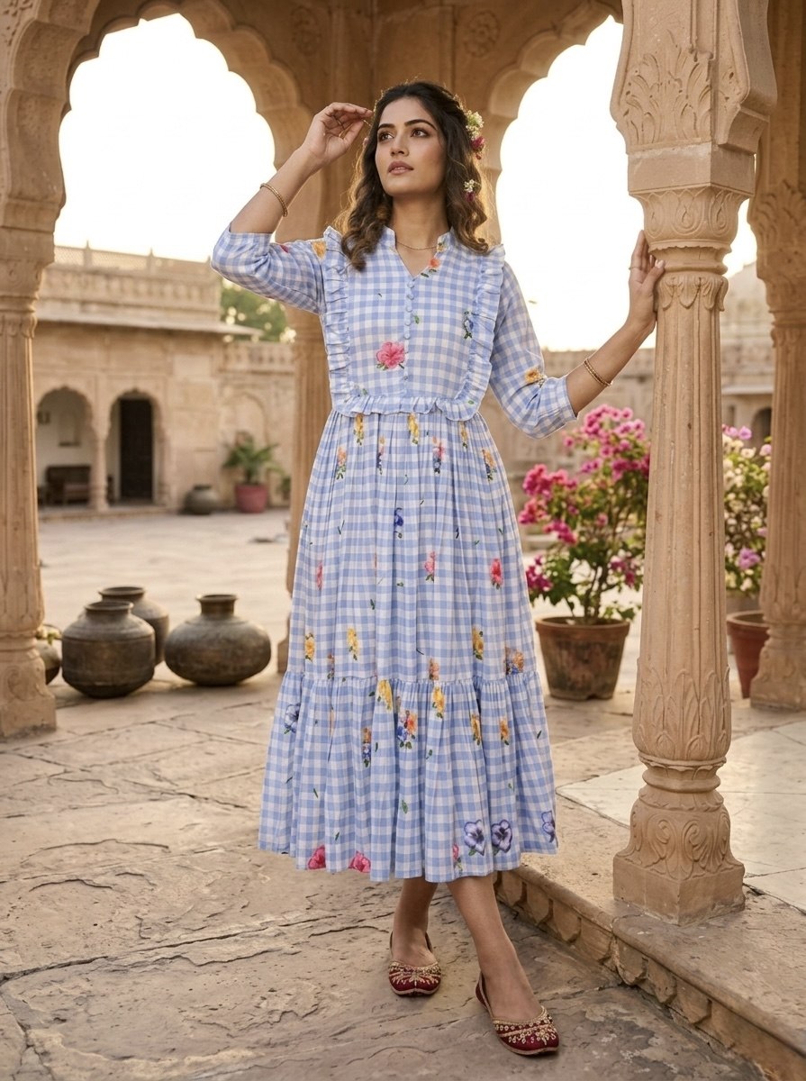 Elegant Floral Checked Midi Dress.