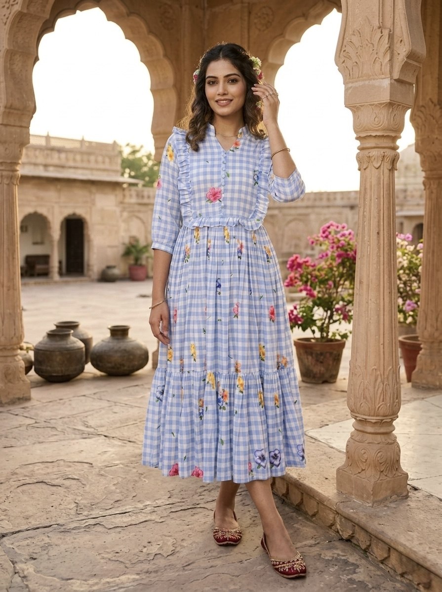 Elegant Floral Checked Midi Dress.