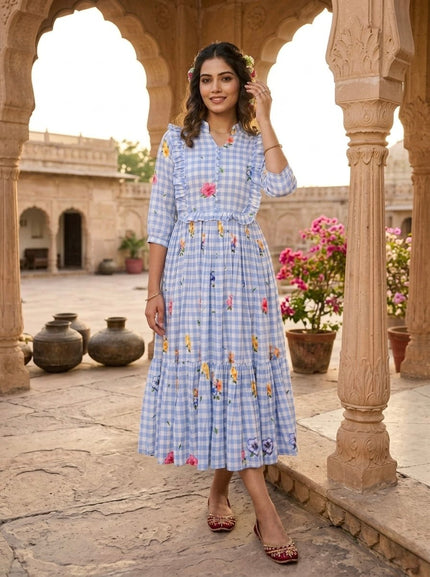 Elegant Floral Checked Midi Dress.