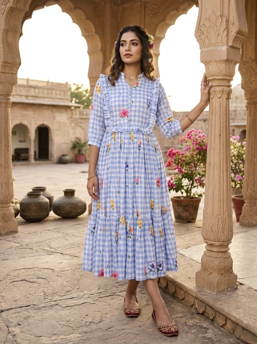 Elegant Floral Checked Midi Dress.