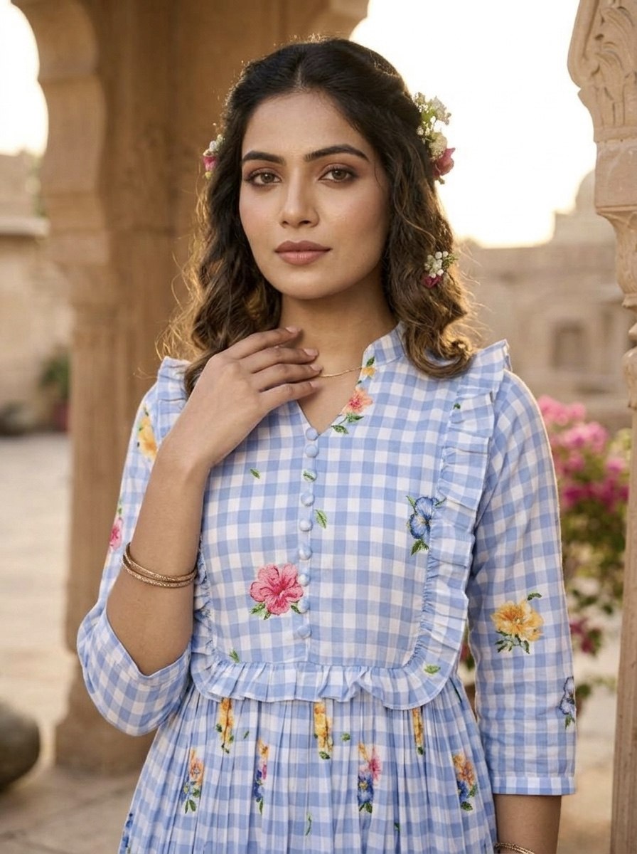 Elegant Floral Checked Midi Dress.
