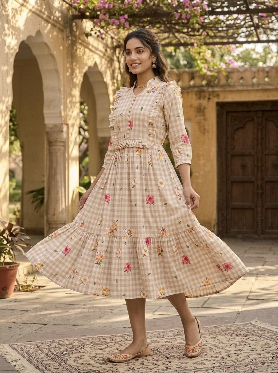 Elegant Floral Checked Midi Dress.