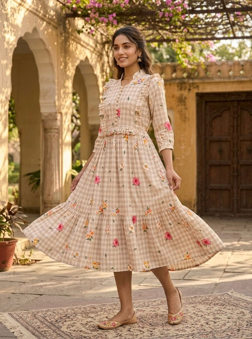 Elegant Floral Checked Midi Dress.