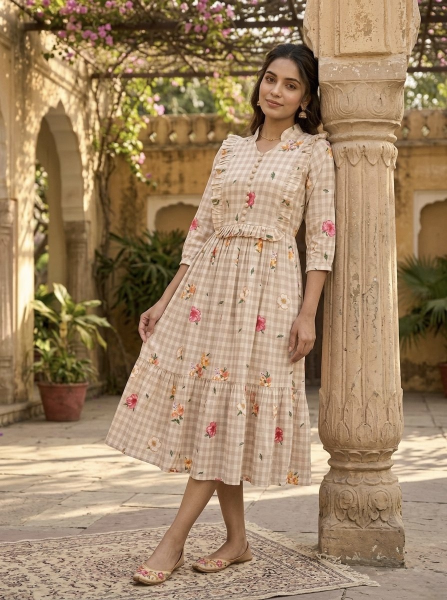 Elegant Floral Checked Midi Dress.
