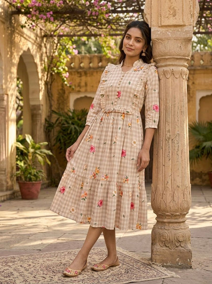 Elegant Floral Checked Midi Dress.