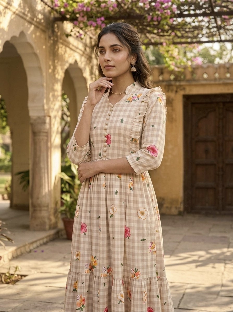 Elegant Floral Checked Midi Dress.