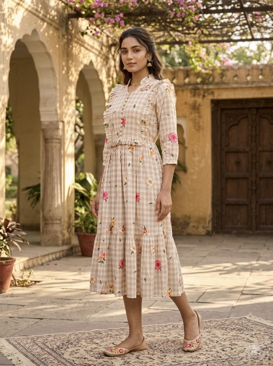 Elegant Floral Checked Midi Dress.
