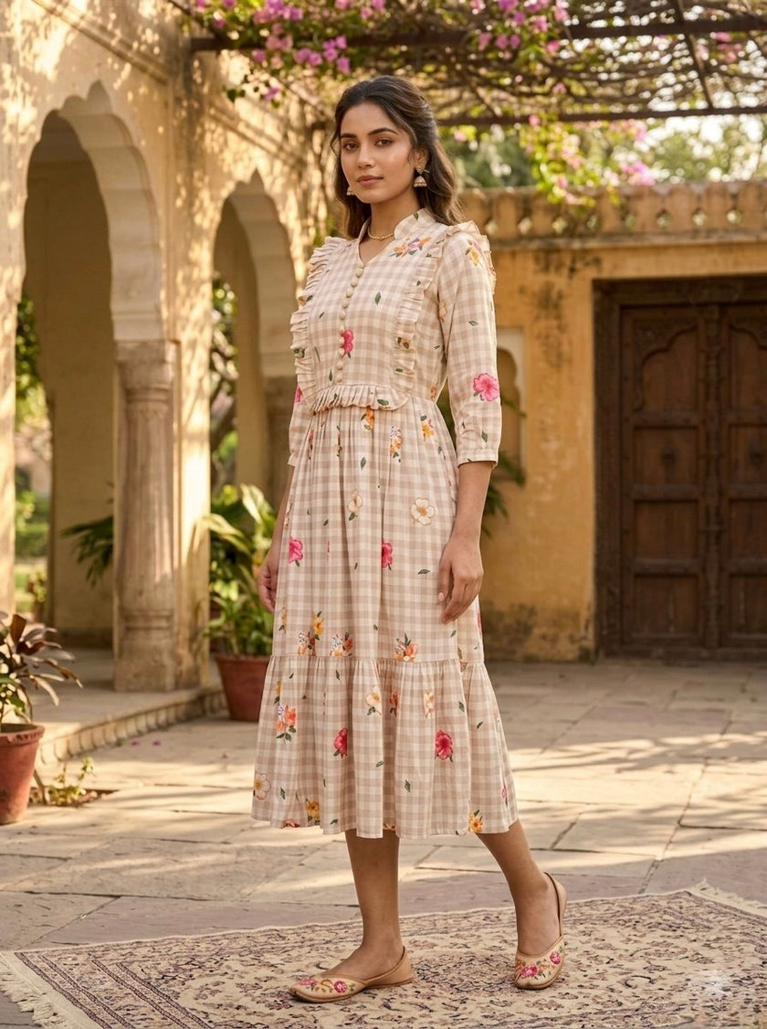 Elegant Floral Checked Midi Dress.