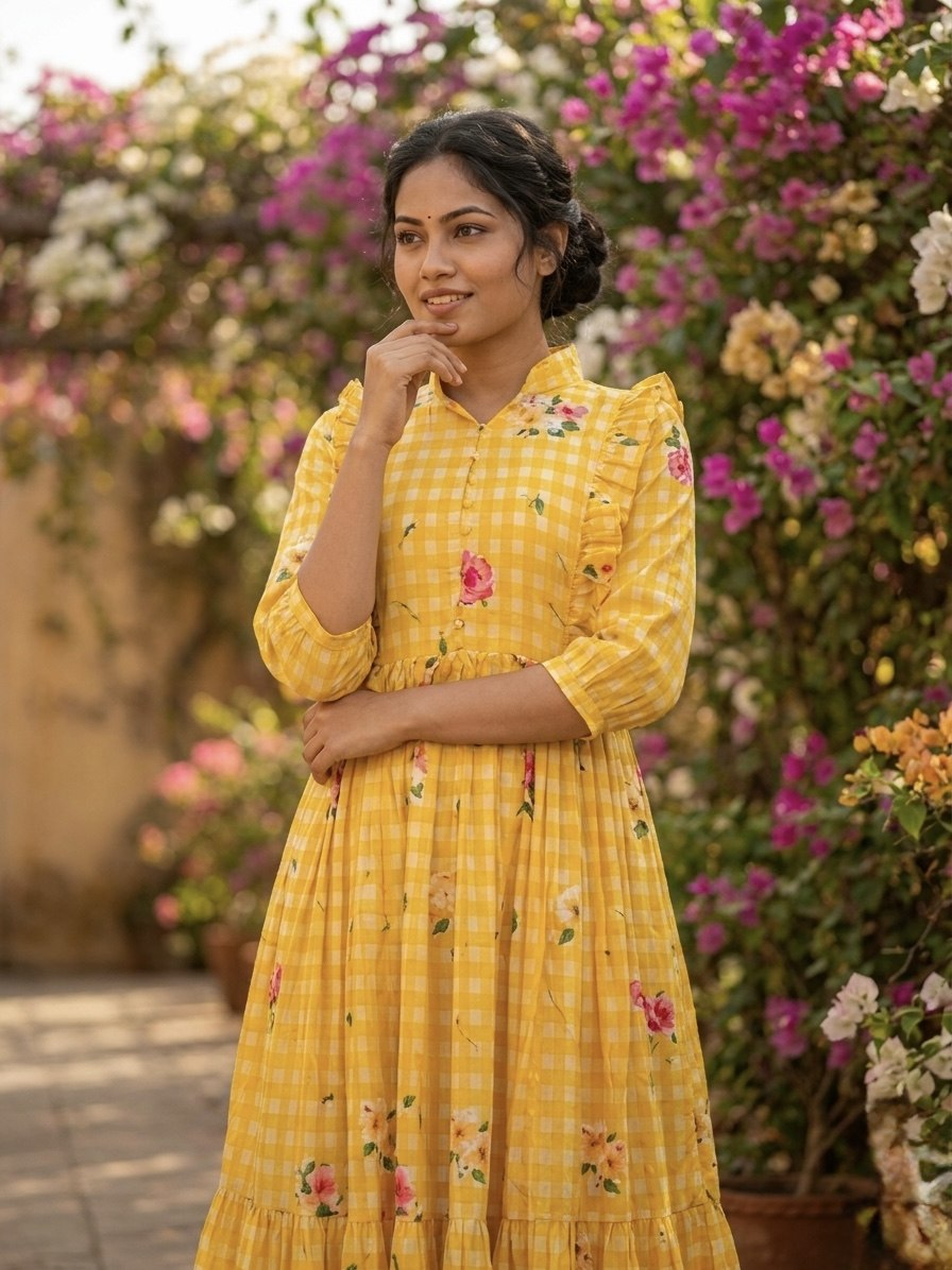 Elegant Floral Checked Midi Dress.