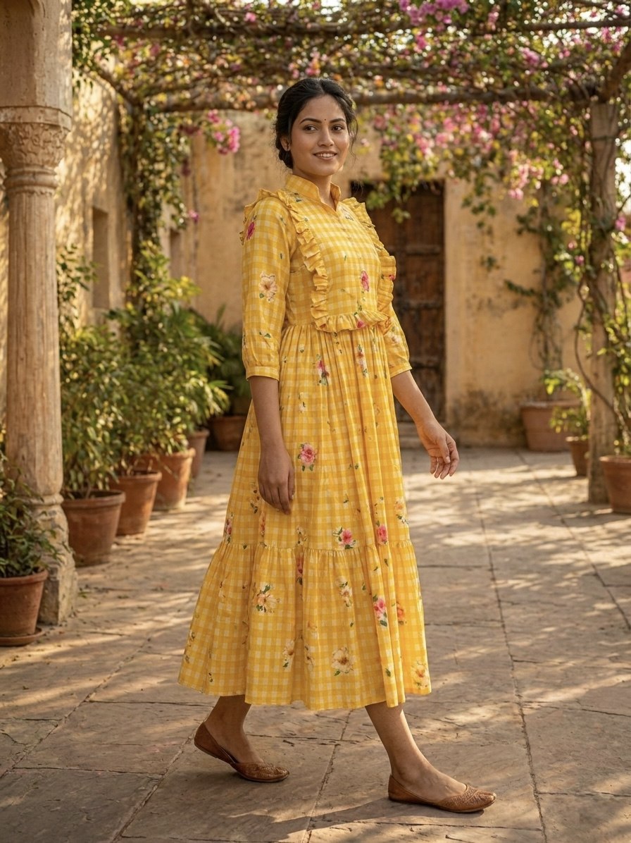 Elegant Floral Checked Midi Dress.