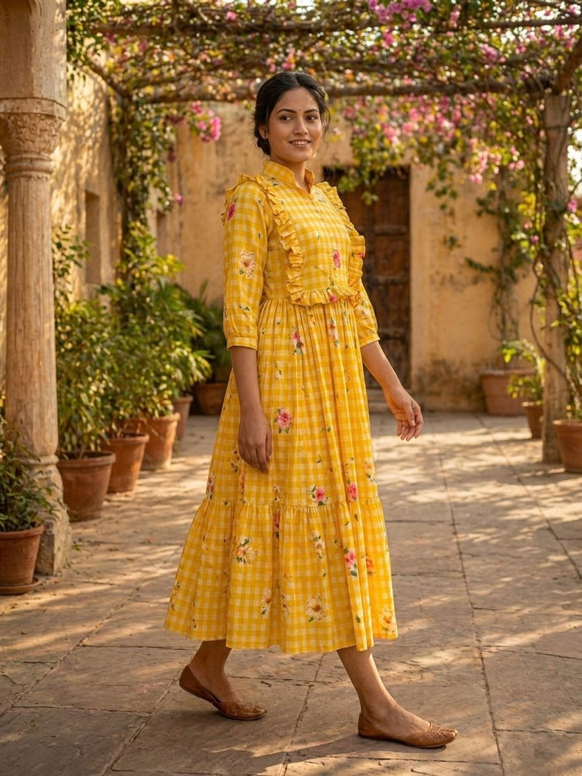 Elegant Floral Checked Midi Dress.
