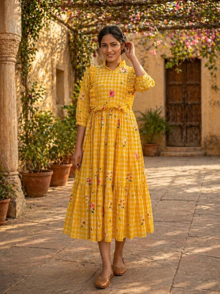 Elegant Floral Checked Midi Dress.