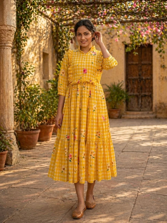 Elegant Floral Checked Midi Dress.