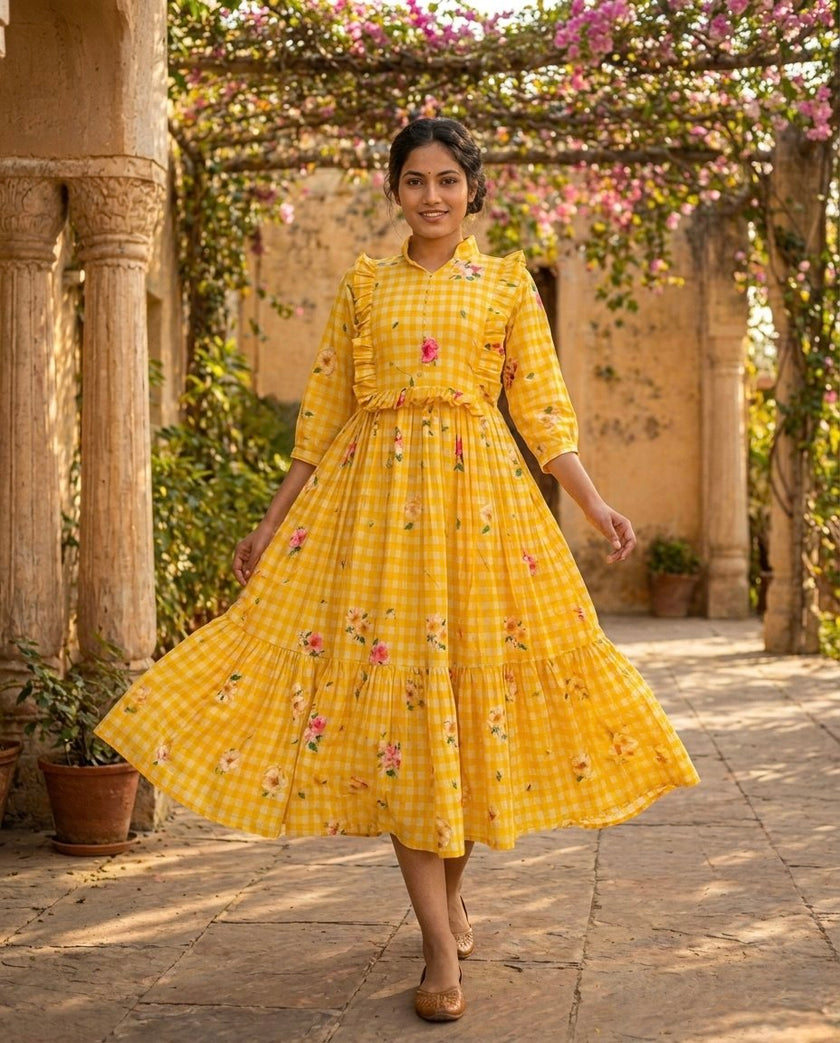 Elegant Floral Checked Midi Dress.